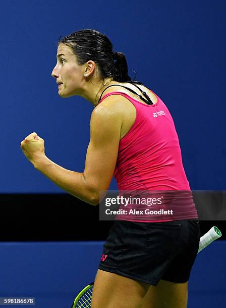 Anastasija Sevastova of Lativa celebrates her victory over Garbine Muguruza of Spain during her second round Women's Singles match on Day Three of...