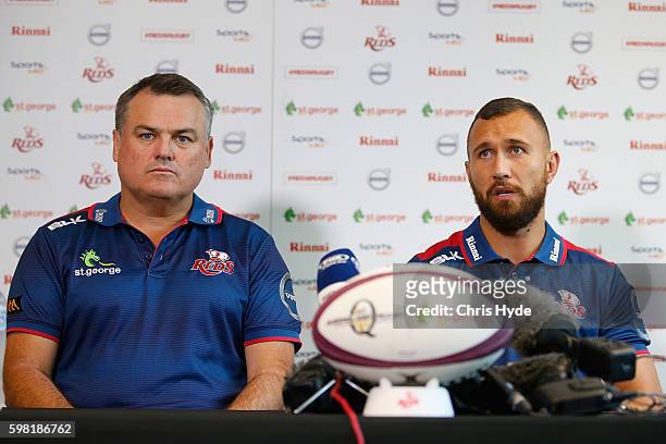 Reds coach Nick Stiles and Quade Cooper speak to media during a Queensland Reds media opportunity at Ballymore Stadium on September 1, 2016 in...