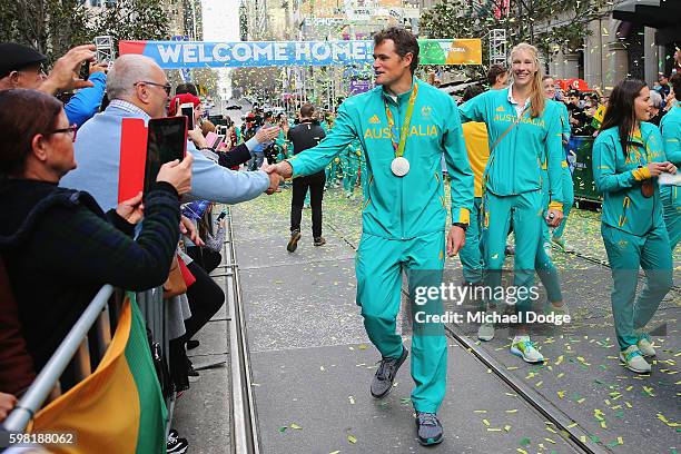 Athletes mix with fans during the Australian Olympic Team Melbourne Welcome Home Celebration at Bourke Street on August 31, 2016 in Melbourne,...