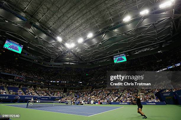 Rafael Nadal of Spain returns a shot during his second round Men's Singles match against Andreas Seppi of Italy on Day Three of the 2016 US Open at...
