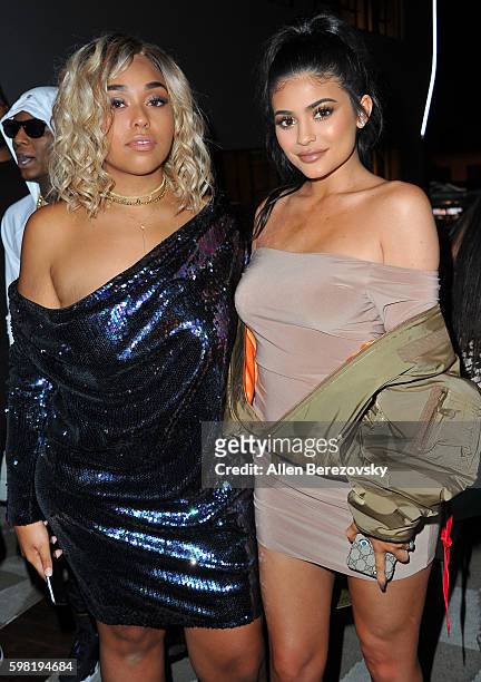 Designer Jordyn Woods and Kylie Jenner attend Boohoo X Jordyn Woods Fashion Event at NeueHouse Hollywood on August 31, 2016 in Los Angeles,...