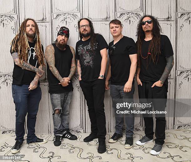 Musicians Brian Welch, Reginald "Fieldy" Arvizu, Jonathan Davis, Ray Luzier and James "Munky" Shaffer of Korn attend the BUILD Series to discuss the...