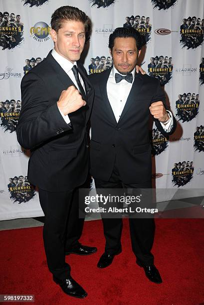 Actors/fighters Sam Medina and Alain Moussi at the Premiere Of RLJ Entertainment's "Kickboxer: Vengeance" held at iPic Theaters on August 31, 2016 in...