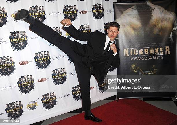 Actor Alain Moussi arrives for the Premiere Of RLJ Entertainment's "Kickboxer: Vengeance" held at iPic Theaters on August 31, 2016 in Los Angeles,...