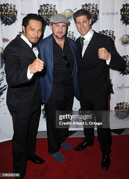 Actor/fighter Sam Medina, actor/producer Steve Swadling and actor/fighter Alain Moussi arrive for the Premiere Of RLJ Entertainment's "Kickboxer:...