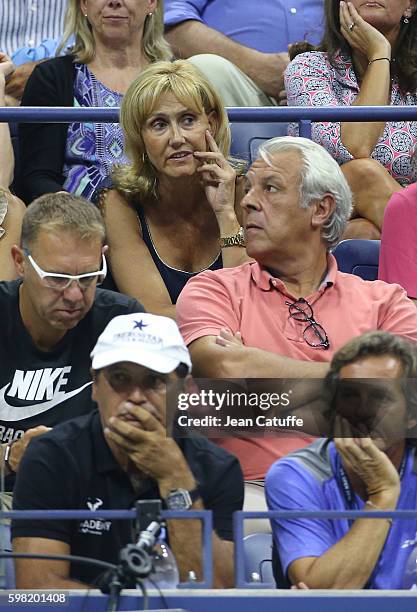 Rafael Nadal's parents, Ana Maria Parera, Sebastian Nadal, and his uncle/coach Toni Nadal attend his second round match on day 3 of the 2016 US Open...