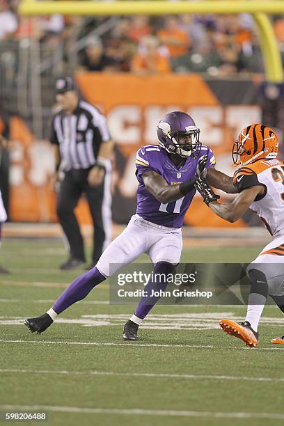 Laquon Treadwell of the Minnesota Vikings blocks downfield during the game against the Cincinnati Bengals at Paul Brown Stadium on August 12, 2016 in...