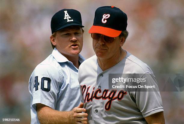 Manager Jeff Torborg of the Chicago White Sox argues with an umpire during an Major League Baseball game against the Baltimore Orioles circa 1990 at...