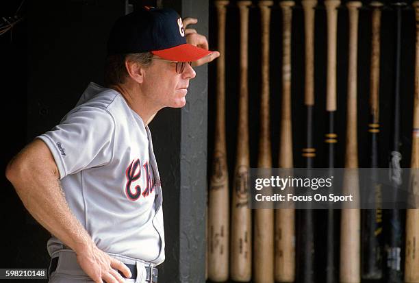 Manager Jeff Torborg of the Chicago White Sox looks on from the dugout against the Baltimore Orioles during an Major League Baseball game circa 1990...