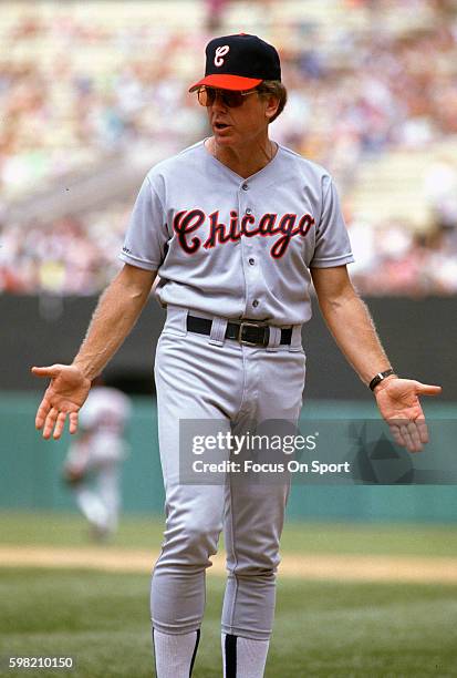 Manager Jeff Torborg of the Chicago White Sox walks off the field after a visit to the mound against the Baltimore Orioles during an Major League...