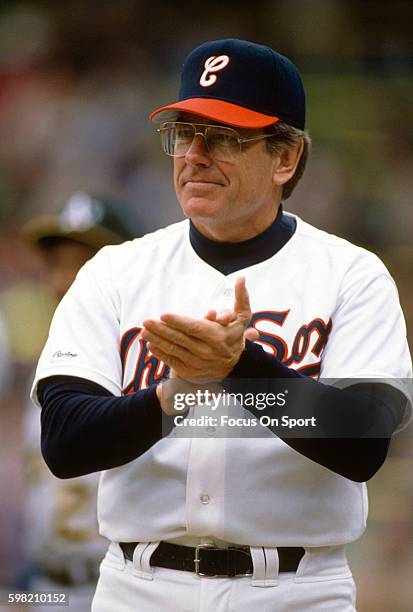 Manager Jeff Torborg of the Chicago White Sox looks on prior to the start of a Major League Baseball game against the Oakland Athletics circa 1989 at...