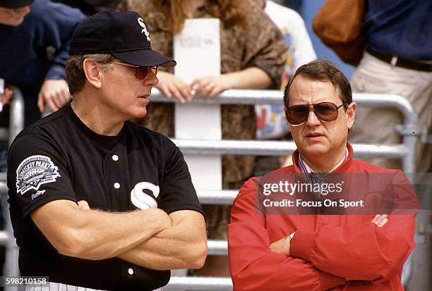 Manager Jeff Torborg of the Chicago White Sox talks with team owner Jerry Reinsdorf prior to the start of a Major League Baseball game circa 1991 at...