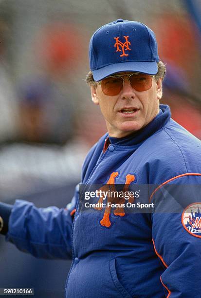 Manager Jeff Torborg of the New York Mets looks on during batting practice prior to the start of a Major League Baseball game circa 1992 at Shea...