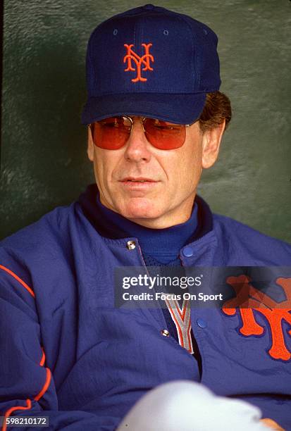 Manager Jeff Torborg of the New York Mets looks on from the dugout during an Major League Baseball game circa 1992 at Shea Stadium in the Queens...