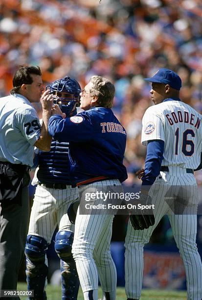 Manager Jeff Torborg of the New York Mets argues with an umpire during an Major League Baseball game circa 1993 at Shea Stadium in the Queens borough...