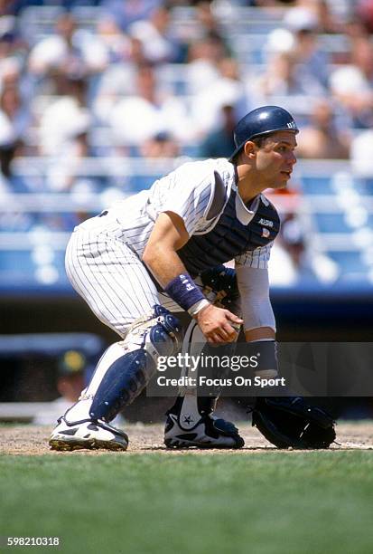 Jim Leyritz of the New York Yankees in in action during an Major League Baseball game circa 1996 at Yankee Stadium in the Bronx borough of New York...