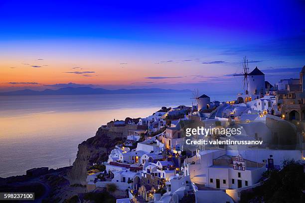 night view of santorini island, greece - romantic sky stock pictures, royalty-free photos & images