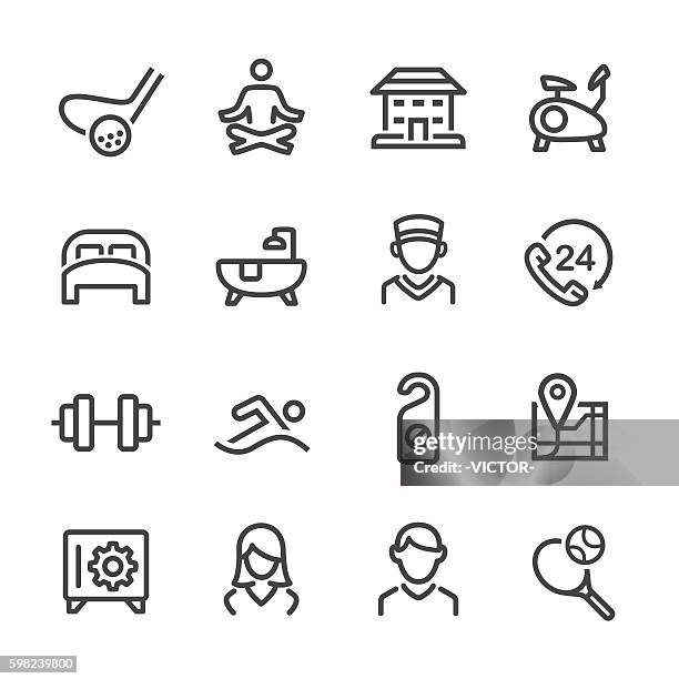 hotel- und dienstleistungs-icons-set - line-serie - hotelportier stock-grafiken, -clipart, -cartoons und -symbole