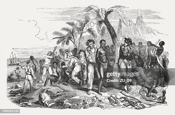 sklavenmarkt an der afrikanischen küste, holzstich, veröffentlicht 1855 - african print stock-grafiken, -clipart, -cartoons und -symbole