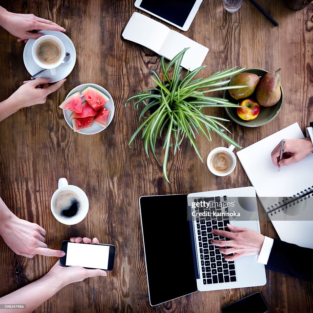 Business People Meeting -Women Hands Using Laptop, Smartphone, Notebook