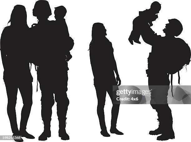 ilustrações de stock, clip art, desenhos animados e ícones de army couple playing with their baby - three womans friends