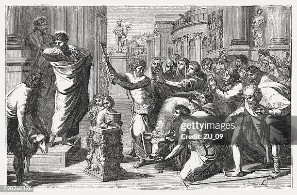 sacrifice at lystra (acts 14), wood engraving, published in 1855 - apostles stock illustrations