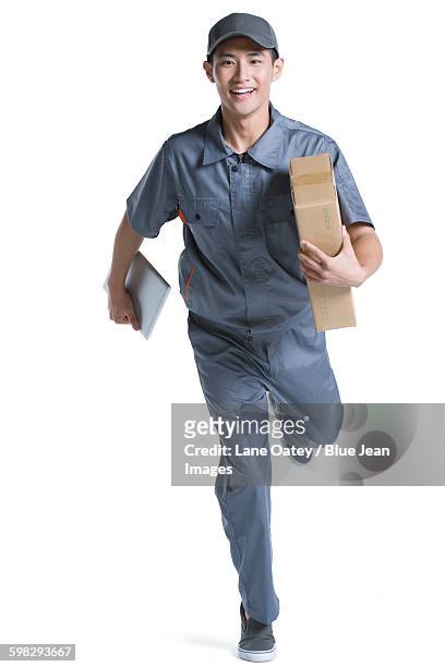 delivery person delivering package - delivery person on white stock pictures, royalty-free photos & images