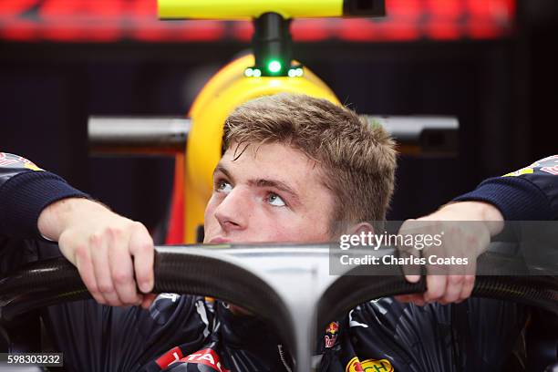 Max Verstappen of Netherlands and Red Bull Racing climbs into his car fitted with the halo in the garage during previews for the Formula One Grand...