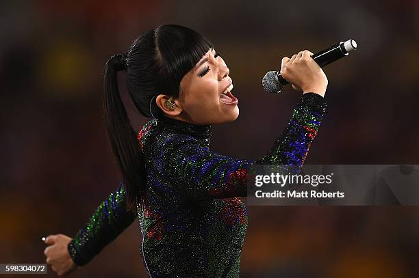 Dami Im performs on stage before the round 26 NRL match between the Brisbane Broncos and the Sydney Roosters at Suncorp Stadium on September 1, 2016...