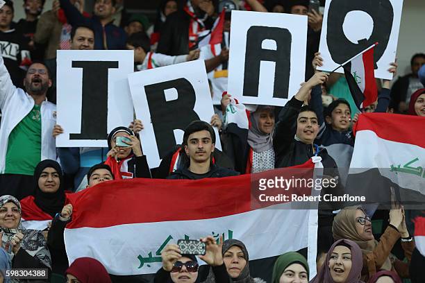 Iraqi fans cheer prior to the 2018 FIFA World Cup Qualifier match between the Australian Socceroos and Iraq at nib Stadium on September 1, 2016 in...