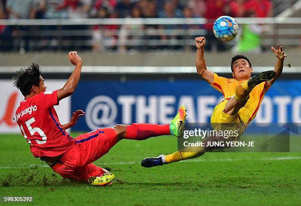 China's Wu Lei fights for the ball with South Korea's Hong Jeong-Ho during their 2018 World Cup qualifying football match in Seoul on September 1,...