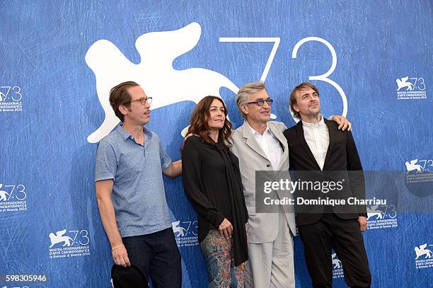 Actors Reda Kateb, Sophie Semin, director Wim Wenders and actor Jens Harzer attend a photocall for 'Les Beaux Jours D'Aranjuez' during the 73rd...