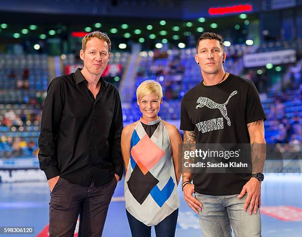 Markus Goetz, Anett Sattler and Stefan Kretzschmar of Sport1 at the Pixum Super Cup 2016 between Rhein-Neckar Lwen and SC Magdeburg at Porsche Arena...