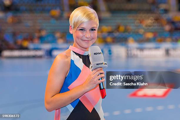 Anett Sattler from Sport1 at the Pixum Super Cup 2016 between Rhein-Neckar Lwen and SC Magdeburg at Porsche Arena on August 31, 2016 in Stuttgart,...