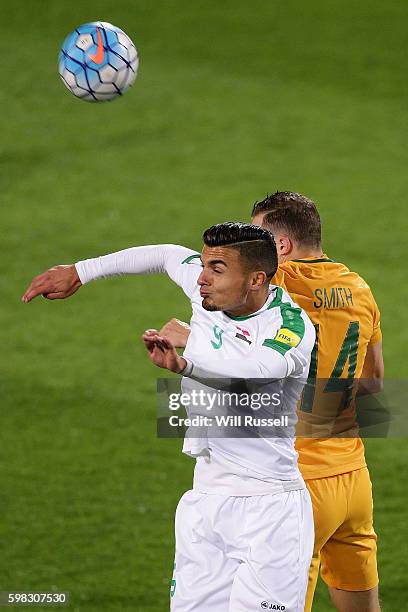 Ahmed Yaseen Gheni of Iraq heads the ball during the 2018 FIFA World Cup Qualifier match between the Australian Socceroos and Iraq at nib Stadium on...