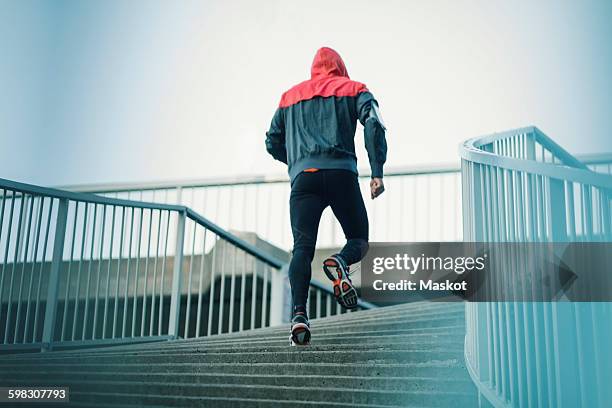 rear view of man running on steps - man and his hoodie stockfoto's en -beelden