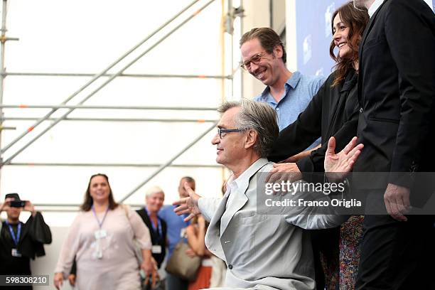 Actors Reda Kateb, Sophie Semin, director Wim Wenders and actor Jens Harzer attend a photocall for 'Les Beaux Jours D'Aranjuez' during the 73rd...
