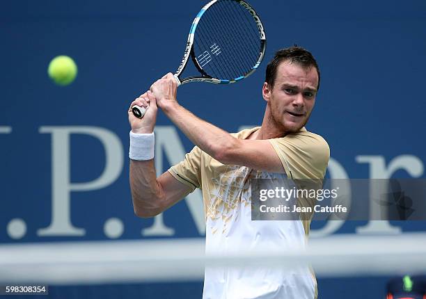 Jan Satral of Czech Republic in action during his second round match on day 3 of the 2016 US Open at USTA Billie Jean King National Tennis Center on...