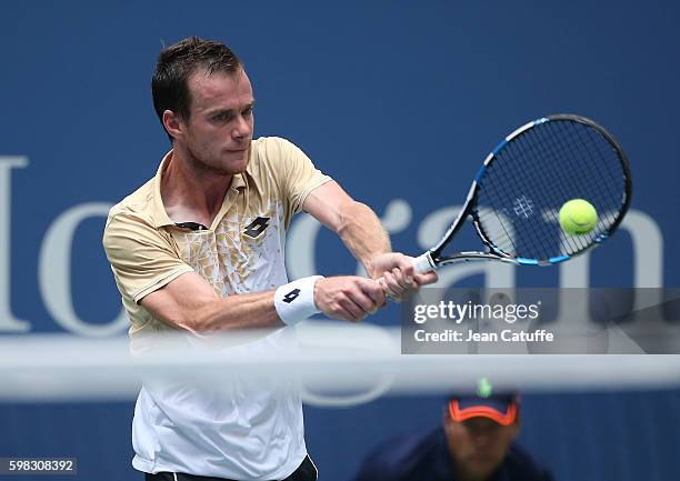 Jan Satral of Czech Republic in action during his second round match on day 3 of the 2016 US Open at USTA Billie Jean King National Tennis Center on...