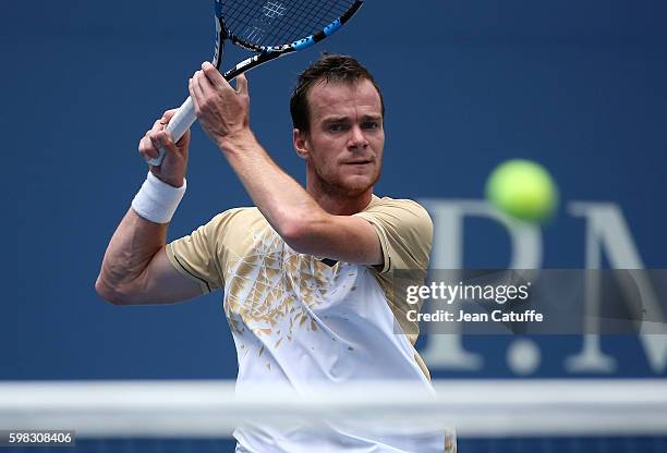 Jan Satral of Czech Republic in action during his second round match on day 3 of the 2016 US Open at USTA Billie Jean King National Tennis Center on...