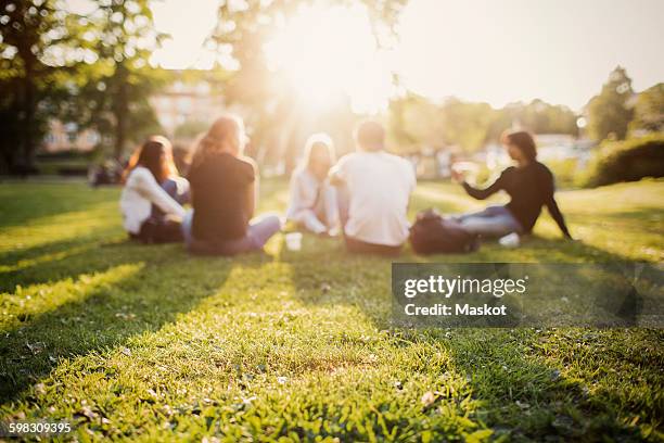 teenagers spending leisure time while sitting at park - small group sitting in grass photos et images de collection