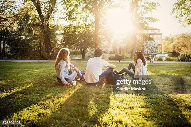 teenagers sitting on grass at park - arab teen photos et images de collection