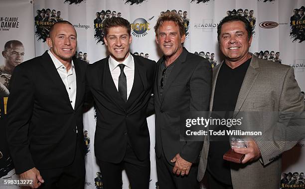 Georges St-Pierre, Alain Moussi and Michael Dudikoff and Producer/Writer Dimitri Logothetis attend the premiere Of RLJ Entertainment's "Kickboxer:...