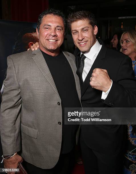 Producer/Writer Dimitri Logothetis and Alain Moussi attend the premiere Of RLJ Entertainment's "Kickboxer: Vengeance" at iPic Theaters on August 31,...