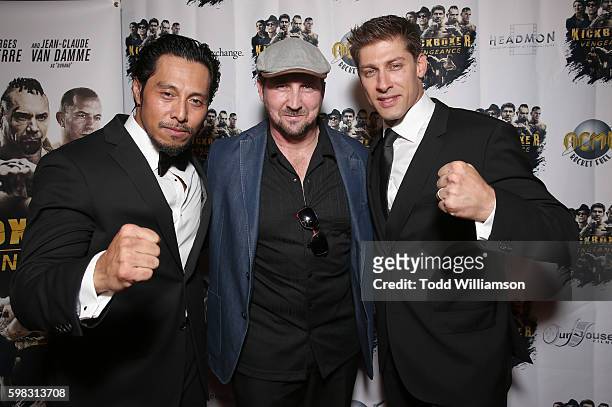 Sam Medina, Executive Producer Steve Swalding and Alain Moussi attend the premiere Of RLJ Entertainment's "Kickboxer: Vengeance" at iPic Theaters on...