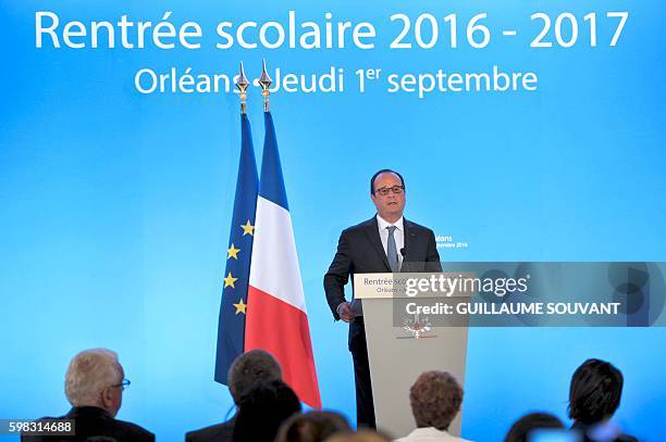 French President Francois Hollande delivers a speech at the secondary school Jean Rostand during the first day of the starting of the school year in...