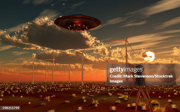 a ufo and alien on a desert wind farm. - space probe stock illustrations