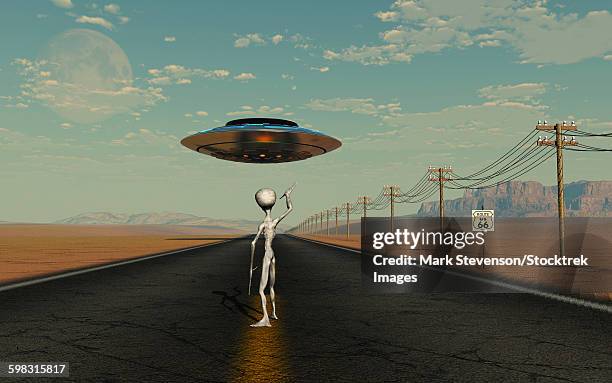 a grey alien hitching a ride from a passing ufo. - hitchhiking stock illustrations