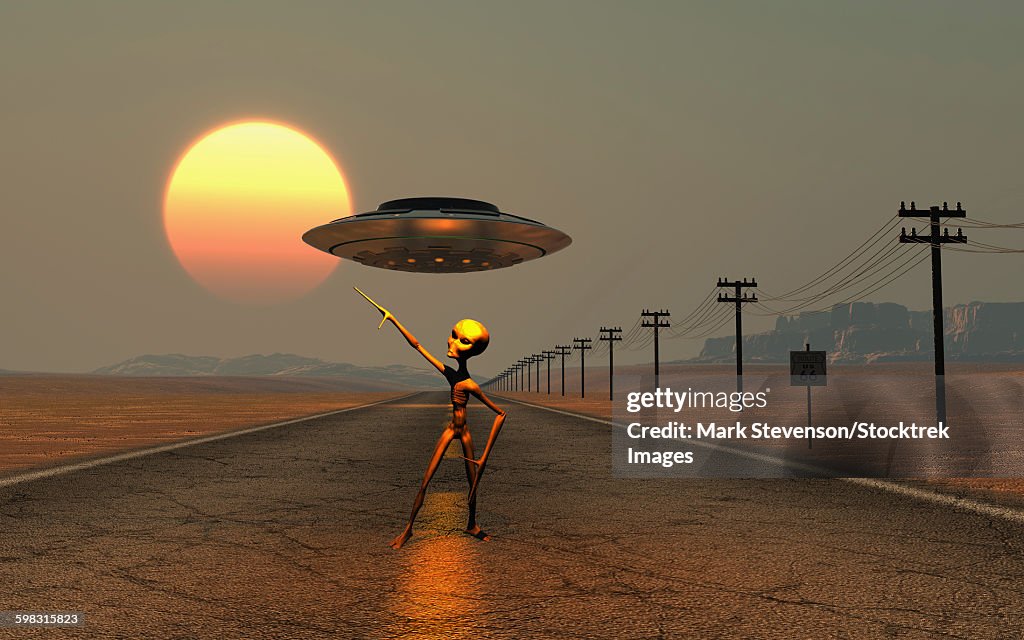 A Grey Alien hitching a ride from a passing UFO.