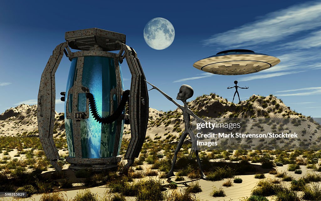 Smashed Alien Container Grey Aliens Tending To A Storage Container Used To Transport Organic ...